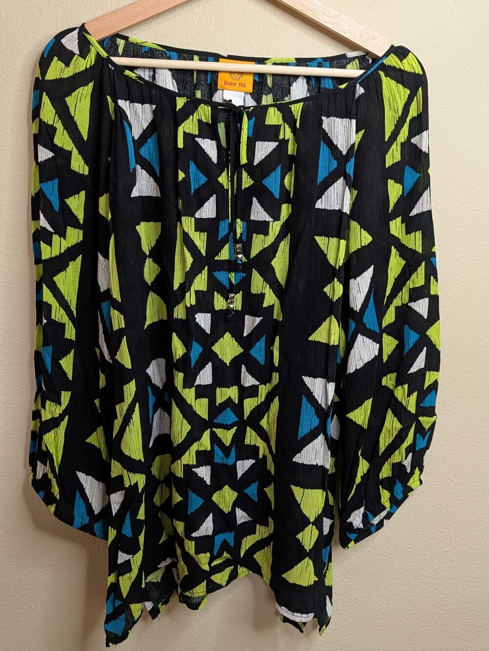 Ruby Rd. Geometric Print Peasant Blouse XL Black Lime Green Teal Triangle Print